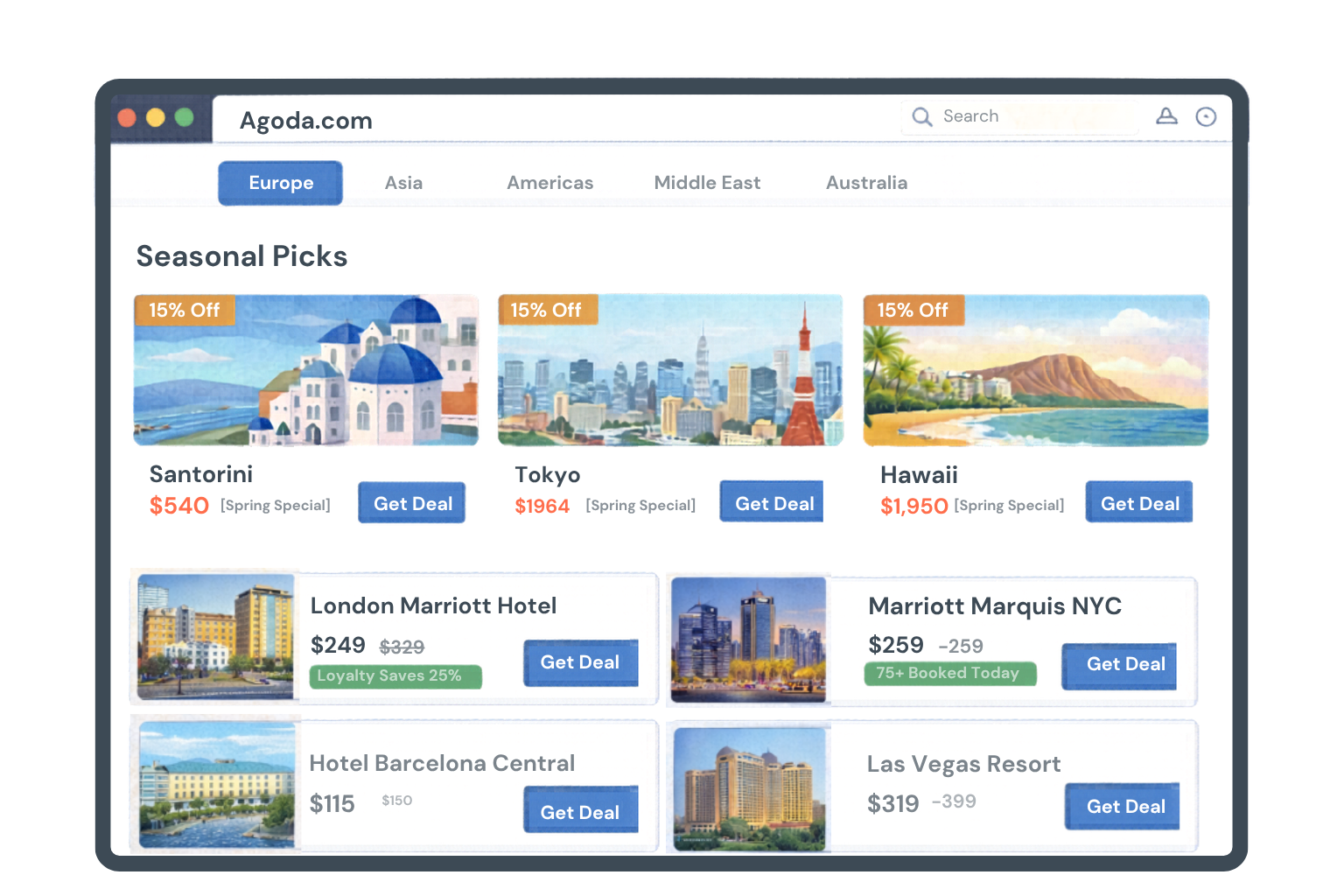 Agoda.com Dashboard showing multiple deals